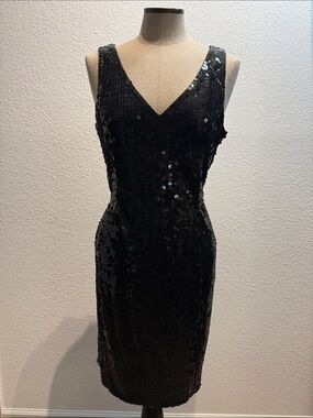 Adrianna Papell Black Sequin V-Neck Midi Sheath Dress